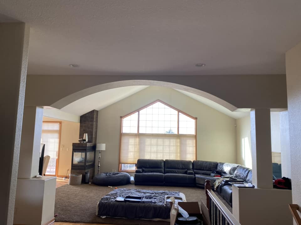 Existing living room before renovation with vaulted ceiling, arched opening, stone fireplace, and dated carpet